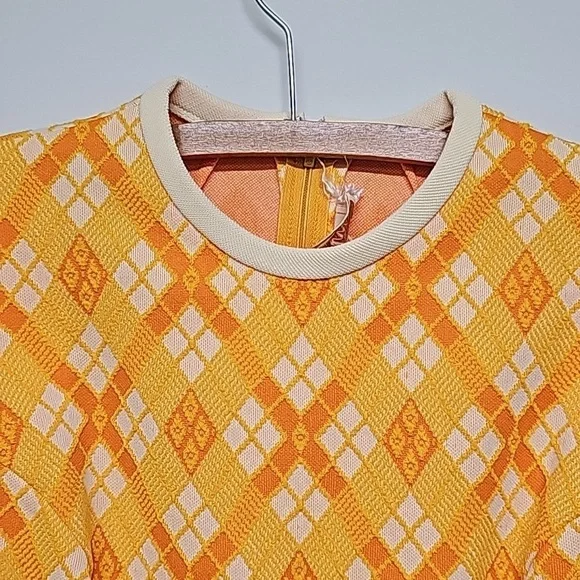 Patty Woodard Vtg 70's argyle dress, yellow orange white, SL, fitted, A-line - Picture 3 of 10